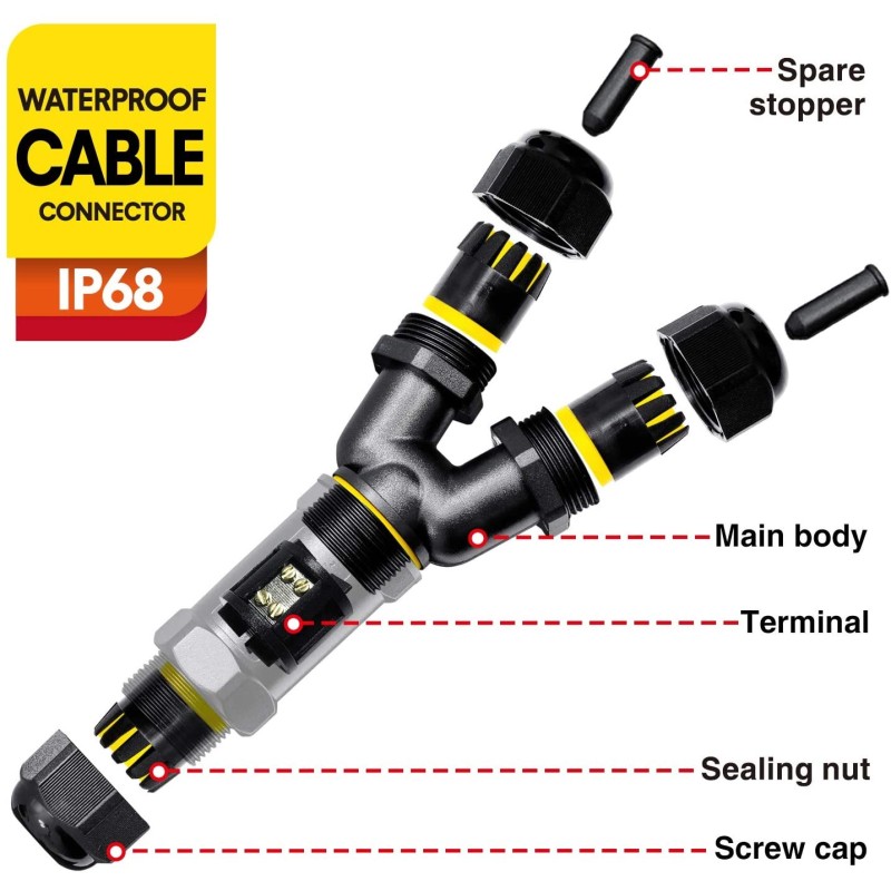 2pcs Cable Connector Waterproof Junction Box IP68 Junction Box Outdoor Y-shape 3-pole