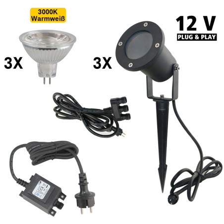 Set of 3 garden spotlights 12V AC IP65 incl. bulb 5W warm white