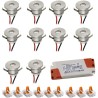 Set of 10 1W LED aluminium mini recessed spotlights warm white with dimmable power supply - silver