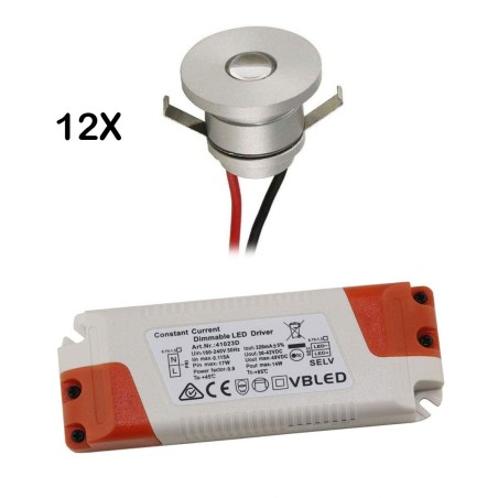 LED aluminium mini recessed spotlight set of 12 with dimmable power supply unit