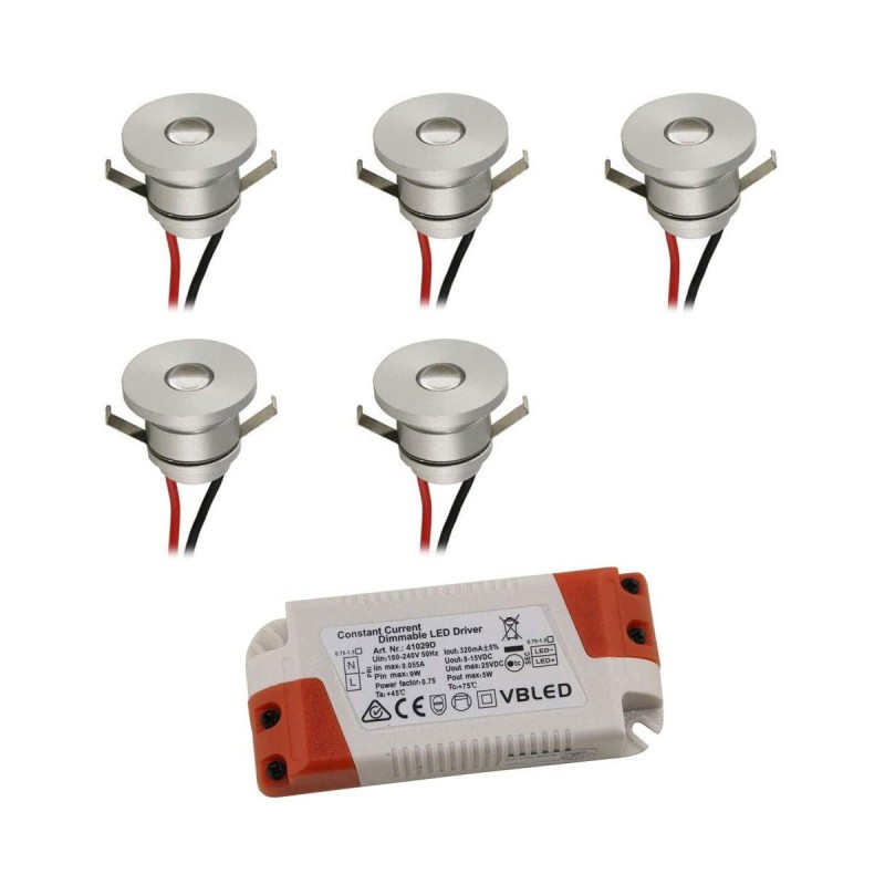 Set of 5 1W LED mini recessed spotlights warm white with transformer