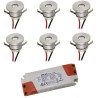 Set of 6 1W LED aluminium mini recessed spotlights warm white with dimmable power supply - silver