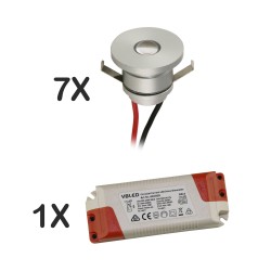 Set of 7 1W LED aluminium mini recessed spotlights with dimmable power supply unit