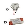 Set of 7 1W LED aluminium mini recessed spotlights with dimmable power supply unit