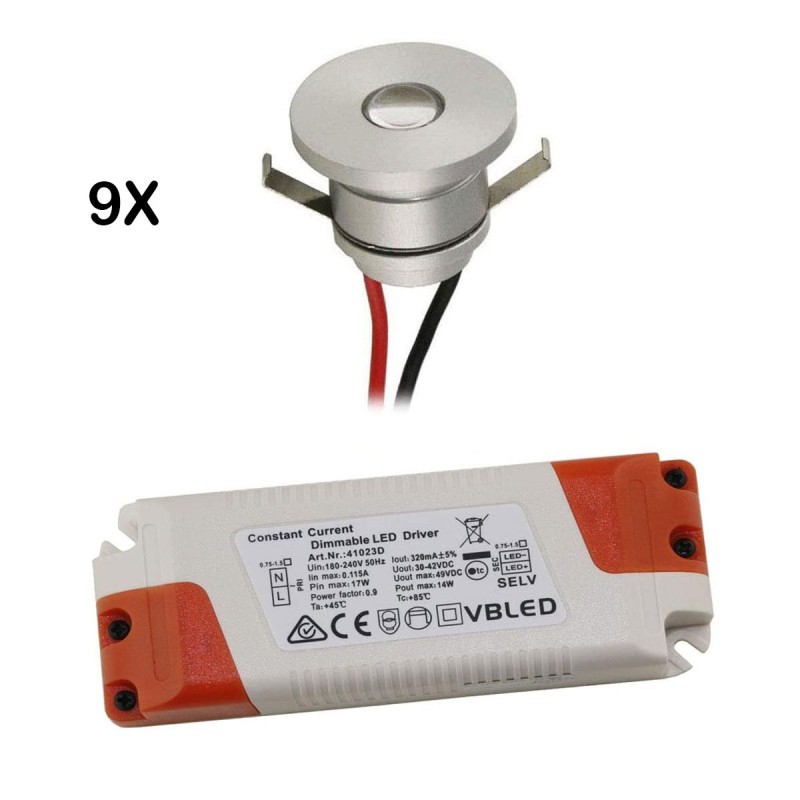 Set of 9 1W LED aluminium mini recessed spotlights warm white with dimmable power supply - silver