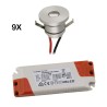 Set of 9 1W LED aluminium mini recessed spotlights warm white with dimmable power supply - silver