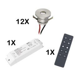 Set of 12 1W LED aluminium mini recessed spotlights warm white with RF radio power supply unit