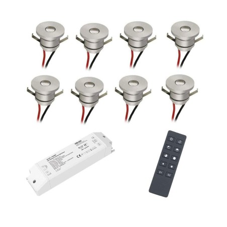 Set of 8 1W aluminium mini LED recessed spotlights warm white with RF radio power supply unit