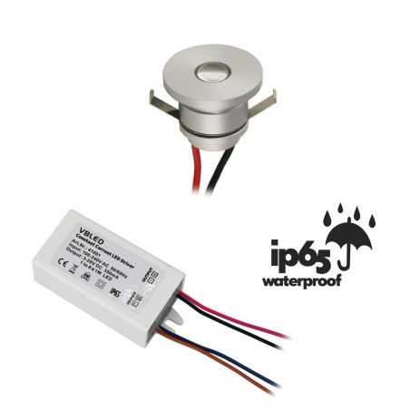 Set of 1 LED aluminium mini recessed spotlight 1W warm white with transformer IP65