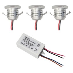 Set of 3 LED aluminium mini recessed spotlights 1W warm white with transformer
