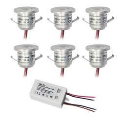 Set of 6 LED aluminium mini recessed spotlights 1W warm white IP65 with LED transformer