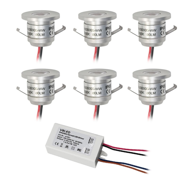 Set of 6 LED aluminium mini recessed spotlights 1W warm white IP65 with LED transformer
