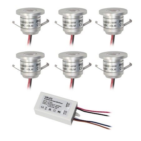 Set of 6 LED aluminium mini recessed spotlights 1W warm white IP65 with LED transformer