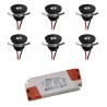 Set of 6 1W LED aluminium mini recessed spotlights warm white with dimmable power supply - Black
