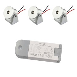Set of 3 1W Mini Surface Mounted Spotlights - Swivel & Tilt - 80lm warm white with power supply unit