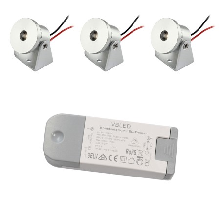 Set of 3 1W Mini Surface Mounted Spotlights - Swivel & Tilt - 80lm warm white with power supply unit