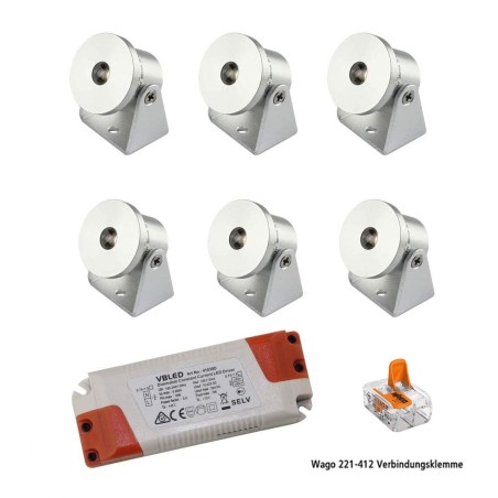 Set of 6 1W Mini Surface Mounted Spotlights - Swivel & Tilt - 80lm warm white with power supply unit