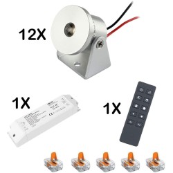 Set of 12 1W mini surface-mounted spotlights -swivelling warm white dimmable with radio power supply unit and remote control