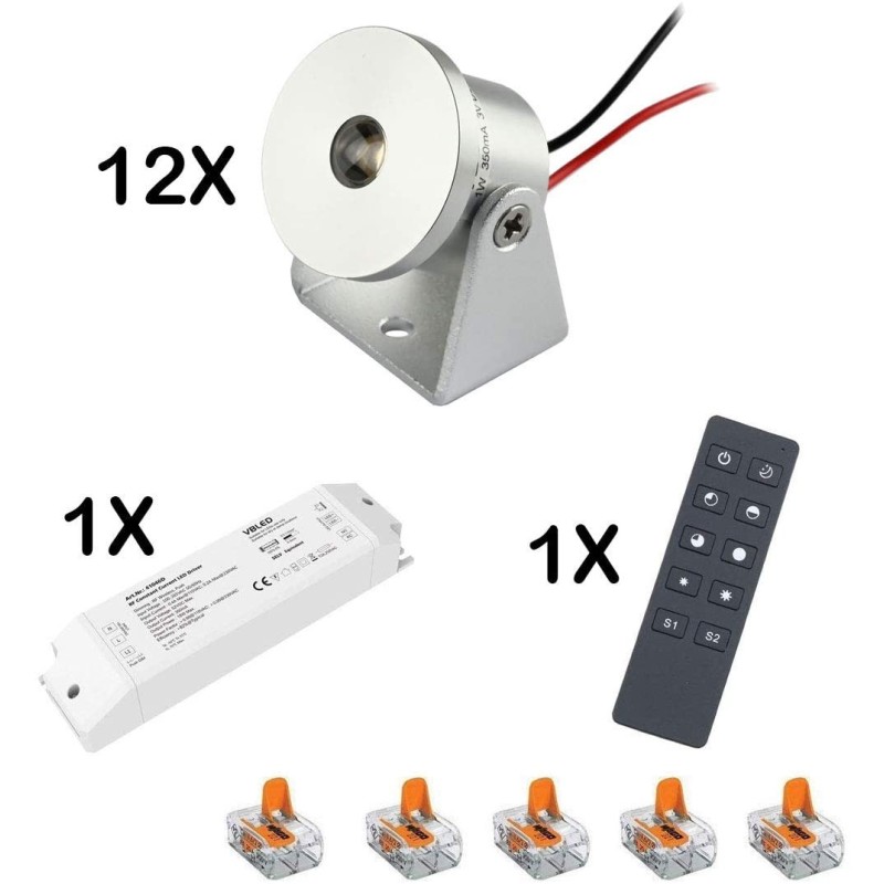 Set of 12 1W mini surface-mounted spotlights -swivelling warm white dimmable with radio power supply unit and remote control