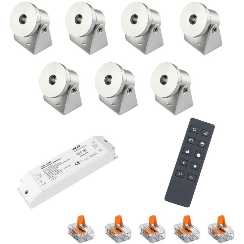 Set of 7 1W mini surface-mounted spotlights -swivelling warm white dimmable with radio power supply unit and remote control