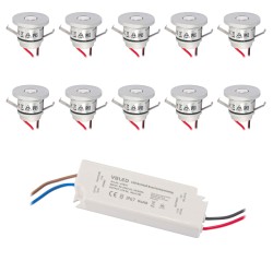 Set of 10 1W Mini Recessed Spot IP65 Warm White Incl.12W LED Transformer 12V DC