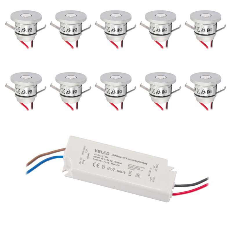 Set of 10 1W Mini Recessed Spot IP65 Warm White Incl.12W LED Transformer 12V DC