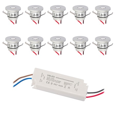 Set of 10 1W Mini Recessed Spot IP65 Warm White Incl.12W LED Transformer 12V DC
