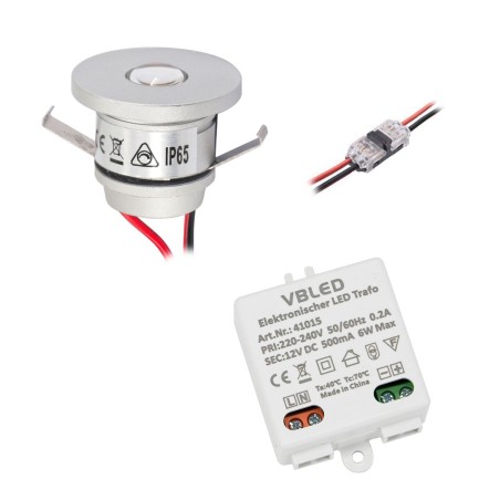 Set of 1W Mini Recessed Spot IP65 Warm White Incl.6W LED Transformer 12V DC