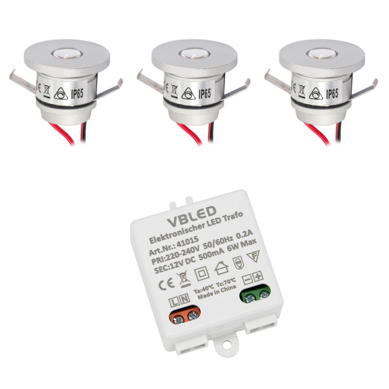 Set of 3 1W Recessed Mini Spot IP65 Warm White Incl. 6W LED Transformer