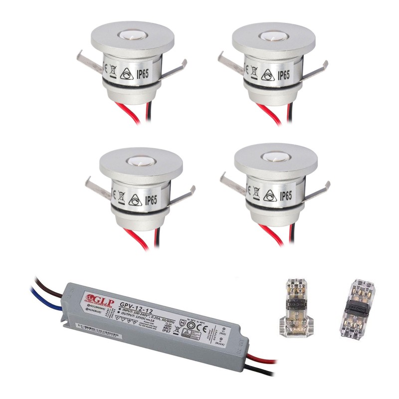 Set of 4 1W mini recessed spotlights warm white with LED transformer 12V DC
