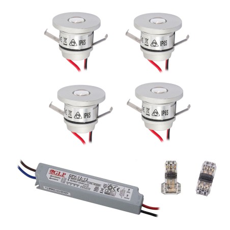 Set of 4 1W mini recessed spotlights warm white with LED transformer 12V DC