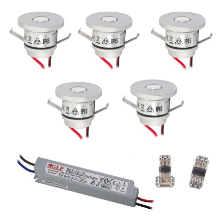 Set of 5 1W Mini Recessed Spotlights IP65 Warm White Incl.12W LED Transformer 12V DC
