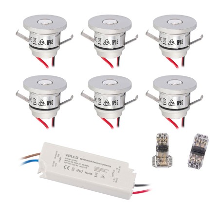 Set of 6 1W Mini Recessed Spot IP65 Warm White Incl.12W LED Transformer