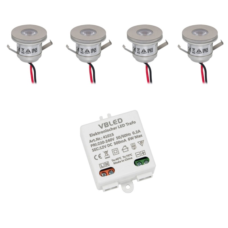 Set of 4 1W mini recessed spotlights Incl. LED transformer 12V DC