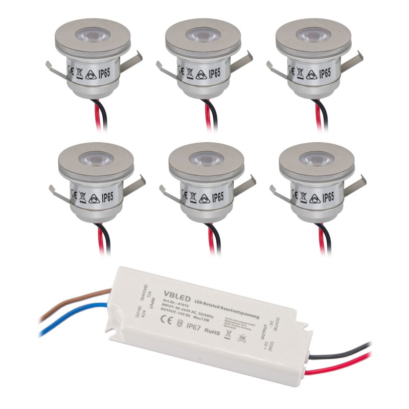 Set of 6 1W mini recessed spotlights Mini Spot / IP65 / WW Incl. 12W LED transformer 12V DC