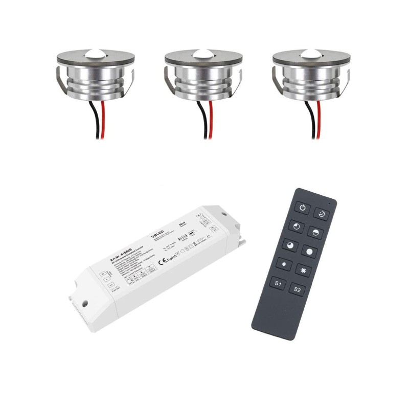 Set of 3W LED Mini Spot recessed spotlights warm white with wireless power supply and remote control Set of 3W LED Mini Spot recessed spotlights warm white with wireless power supply and remote control