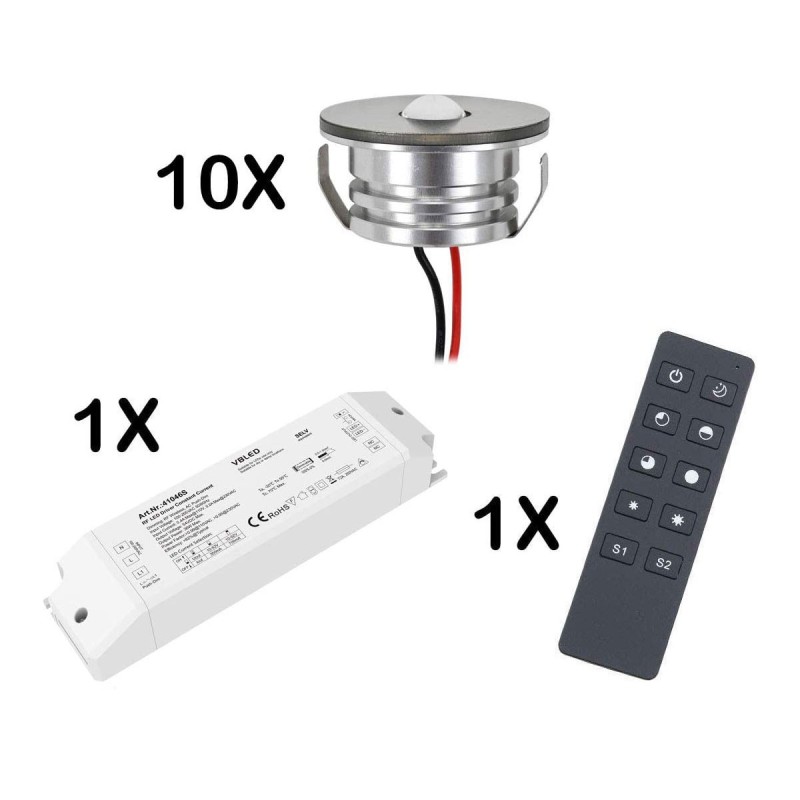 Set of 10 3W LED mini spot recessed spotlights warm white dimmable with radio power supply unit and remote control