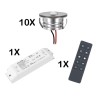 Set of 10 3W LED mini spot recessed spotlights warm white dimmable with radio power supply unit and remote control