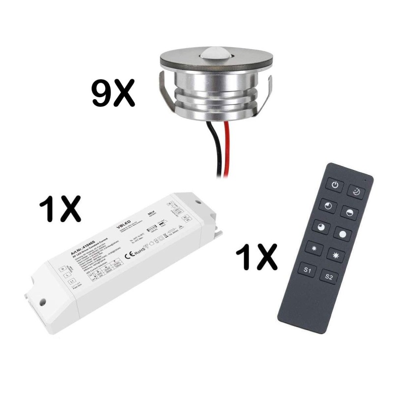 Set of 9 3W LED Mini Spot recessed spotlights warm white dimmable with radio power supply unit and remote control Set of 9 3W LED Mini Spot recessed spotlights warm white dimmable with radio power supply unit and remote control