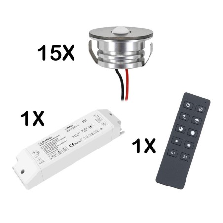 Set of 15 3W LED Mini Spot recessed spotlights warm white dimmable with radio power supply unit and remote control