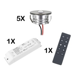 Set of 5 3W LED Mini Spot recessed spotlights warm white dimmable with radio power supply unit and remote control