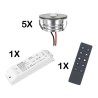 Set of 5 3W LED Mini Spot recessed spotlights warm white dimmable with radio power supply unit and remote control