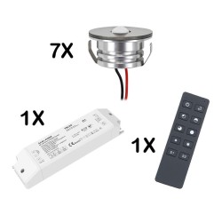 Set of 7 3W LED Mini Spot recessed spotlights warm white dimmable with radio power supply unit and remote control