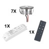 Set of 7 3W LED Mini Spot recessed spotlights warm white dimmable with radio power supply unit and remote control