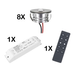 Set of 8 3W LED Mini Spot recessed spotlights warm white dimmable with radio power supply and remote control