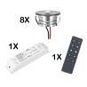 Set of 8 3W LED Mini Spot recessed spotlights warm white dimmable with radio power supply and remote control