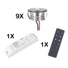 Set of 9 3W LED Mini Spot recessed spotlights warm white dimmable with radio power supply unit and remote control