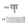 Set of 16 3W LED aluminium mini recessed spotlights "Luxonix" warm white with dimmable power supply unit