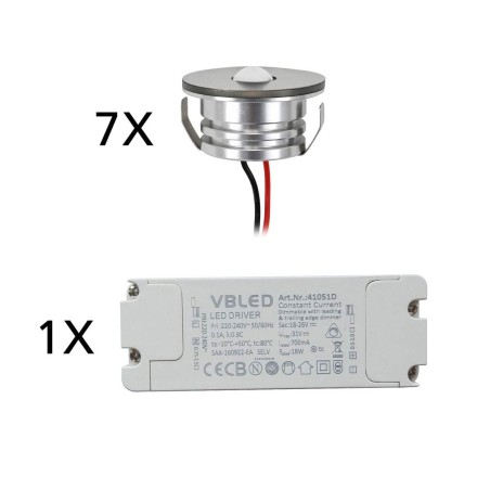 Set of 7 3W LED aluminium mini recessed spotlights "Luxonix" warm white with dimmable power supply unit
