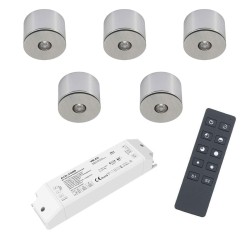 Set of 5 3W LED Mini Spot surface mounted luminaire warm white dimmable with radio power supply unit and remote control